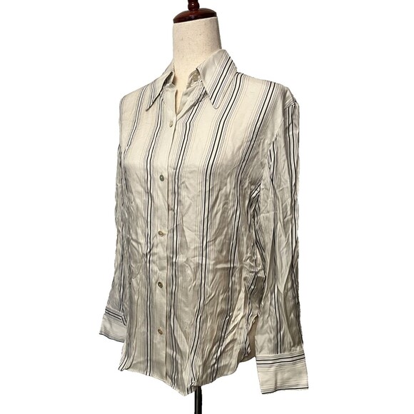 NWT $345 VINCE Women's S Button-Up Silk Blend Shirt Blouse Ivory Black Striped - Picture 2 of 8